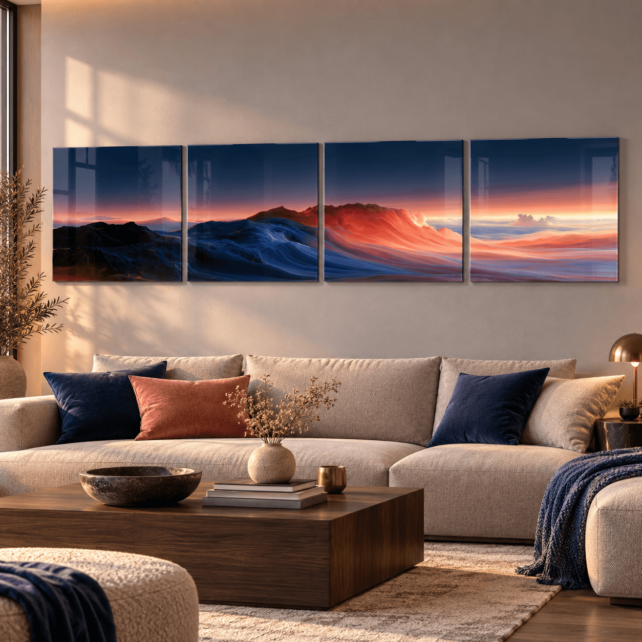 4-piece glass wall art panels mounted above a beige sectional in a living room